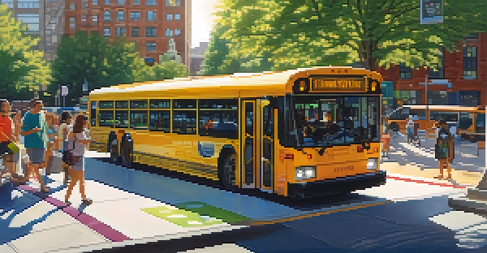 A modern public transport bus with solar panels at a Philadelphia transit station, with people boarding and bike-sharing stations in the background.
