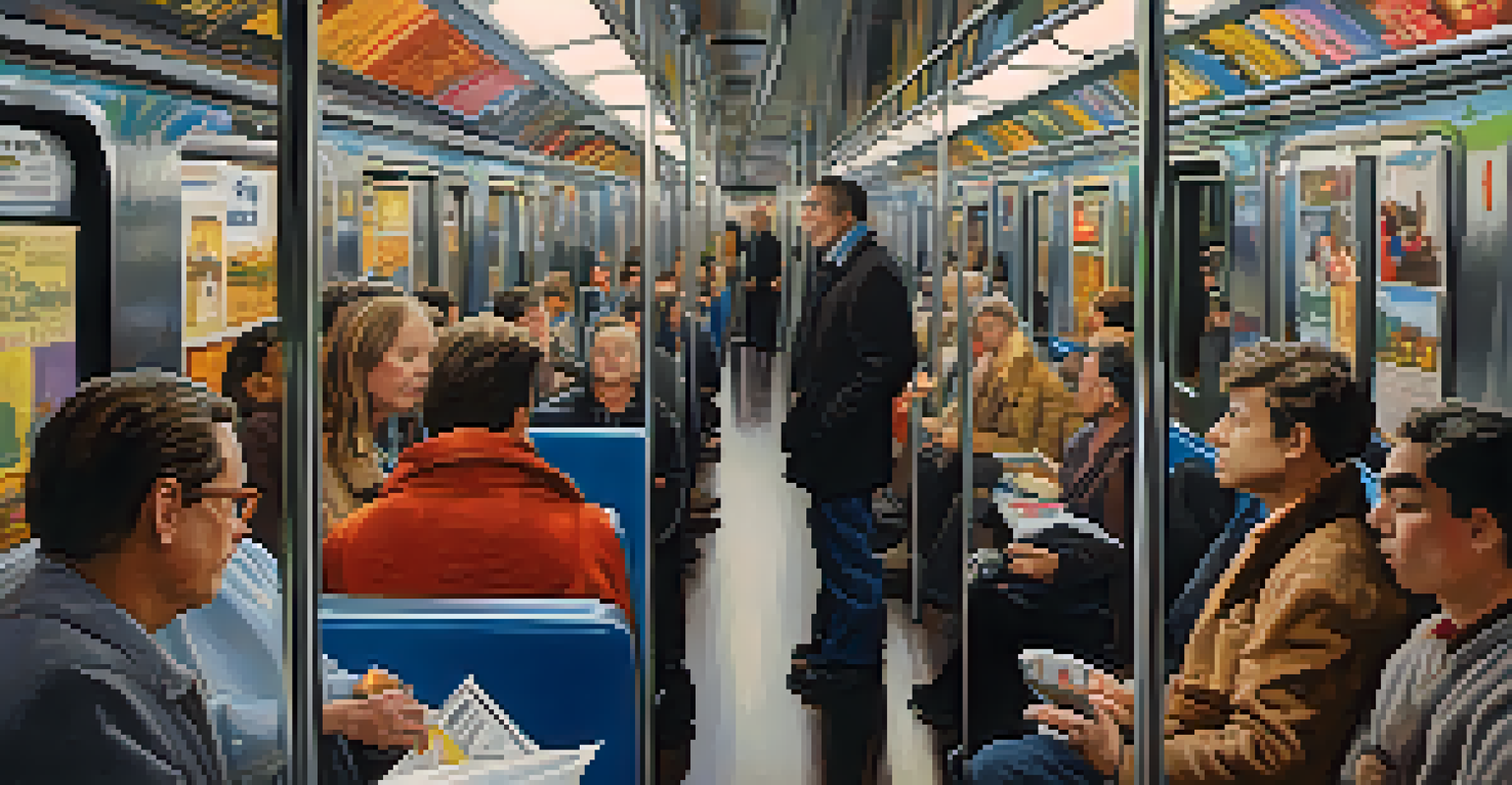 Inside a Philadelphia subway car during rush hour with diverse passengers and colorful advertisements.