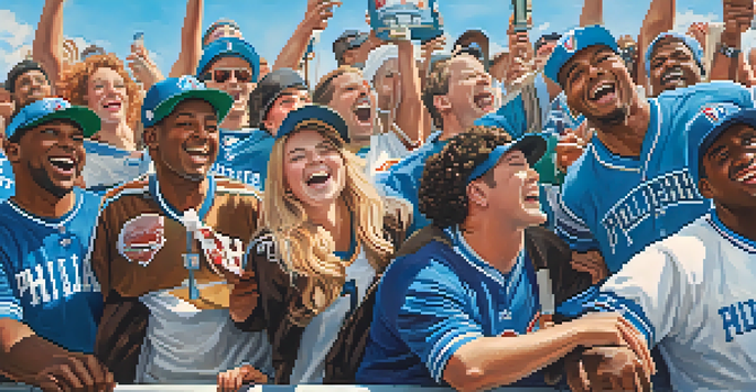 A group of enthusiastic Philadelphia sports fans in team jerseys celebrating outside a stadium with the city skyline in the background.