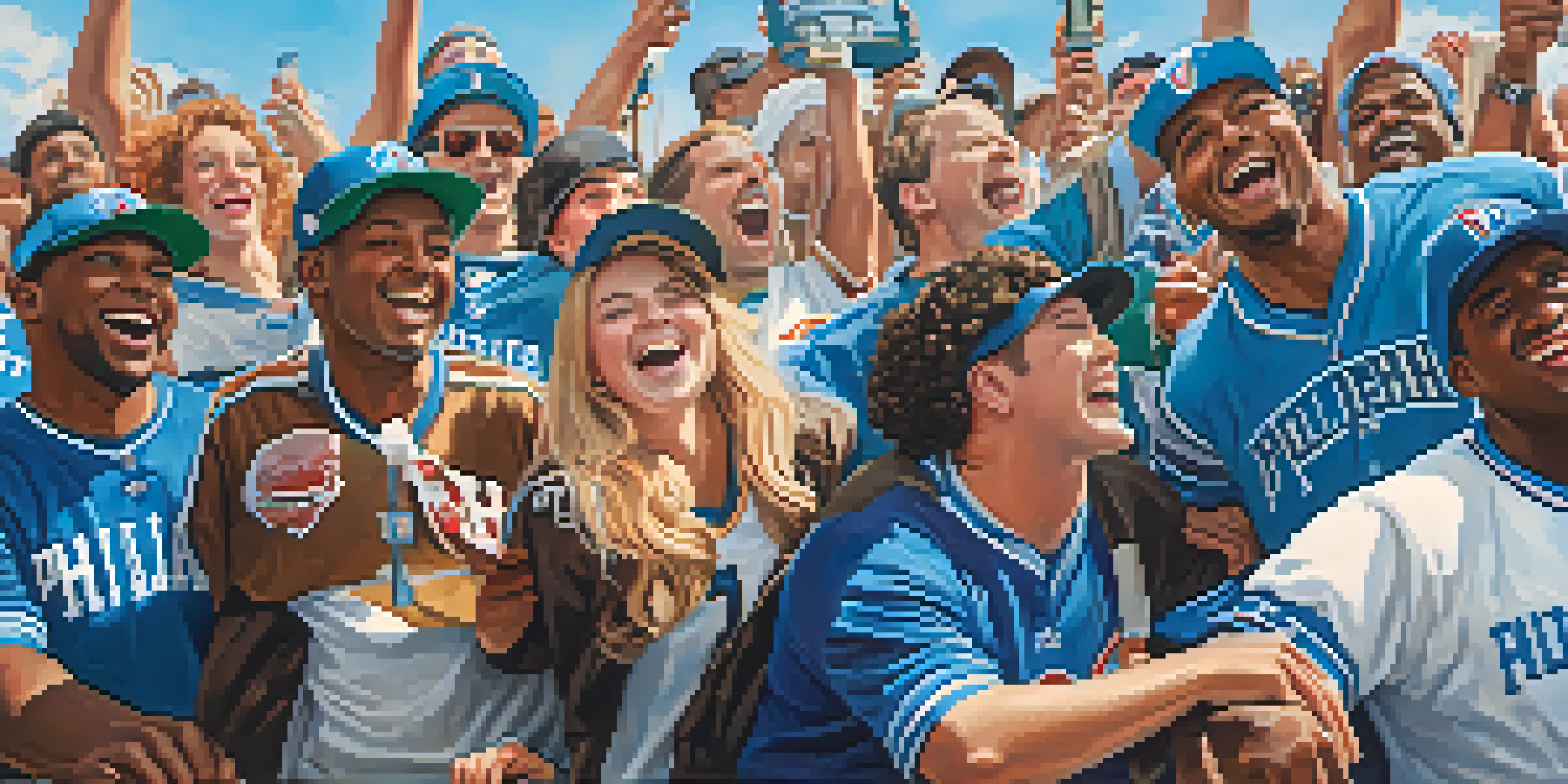 A group of enthusiastic Philadelphia sports fans in team jerseys celebrating outside a stadium with the city skyline in the background.