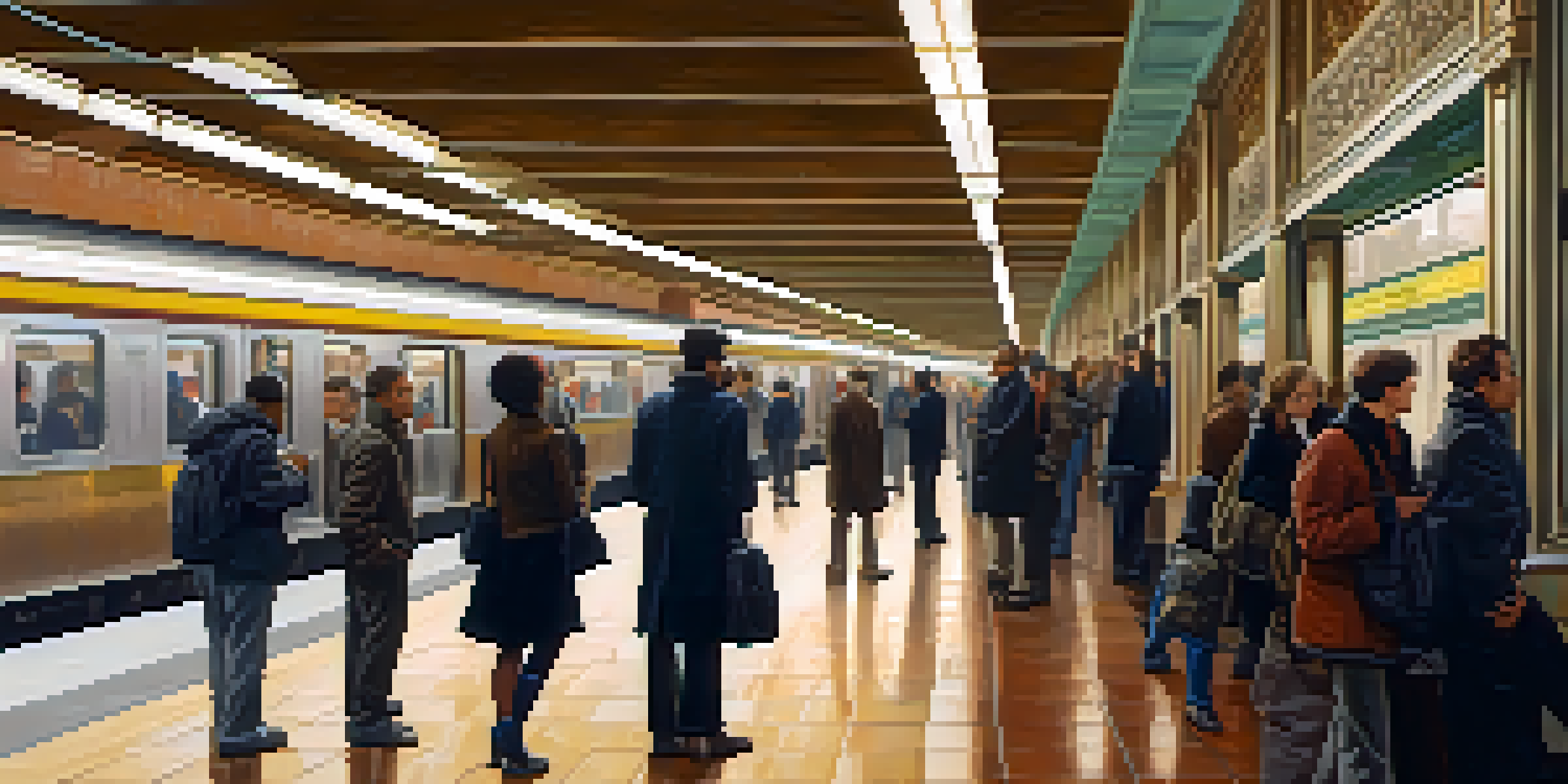 A busy Philadelphia subway station filled with diverse commuters, highlighting the architecture and warm lighting.