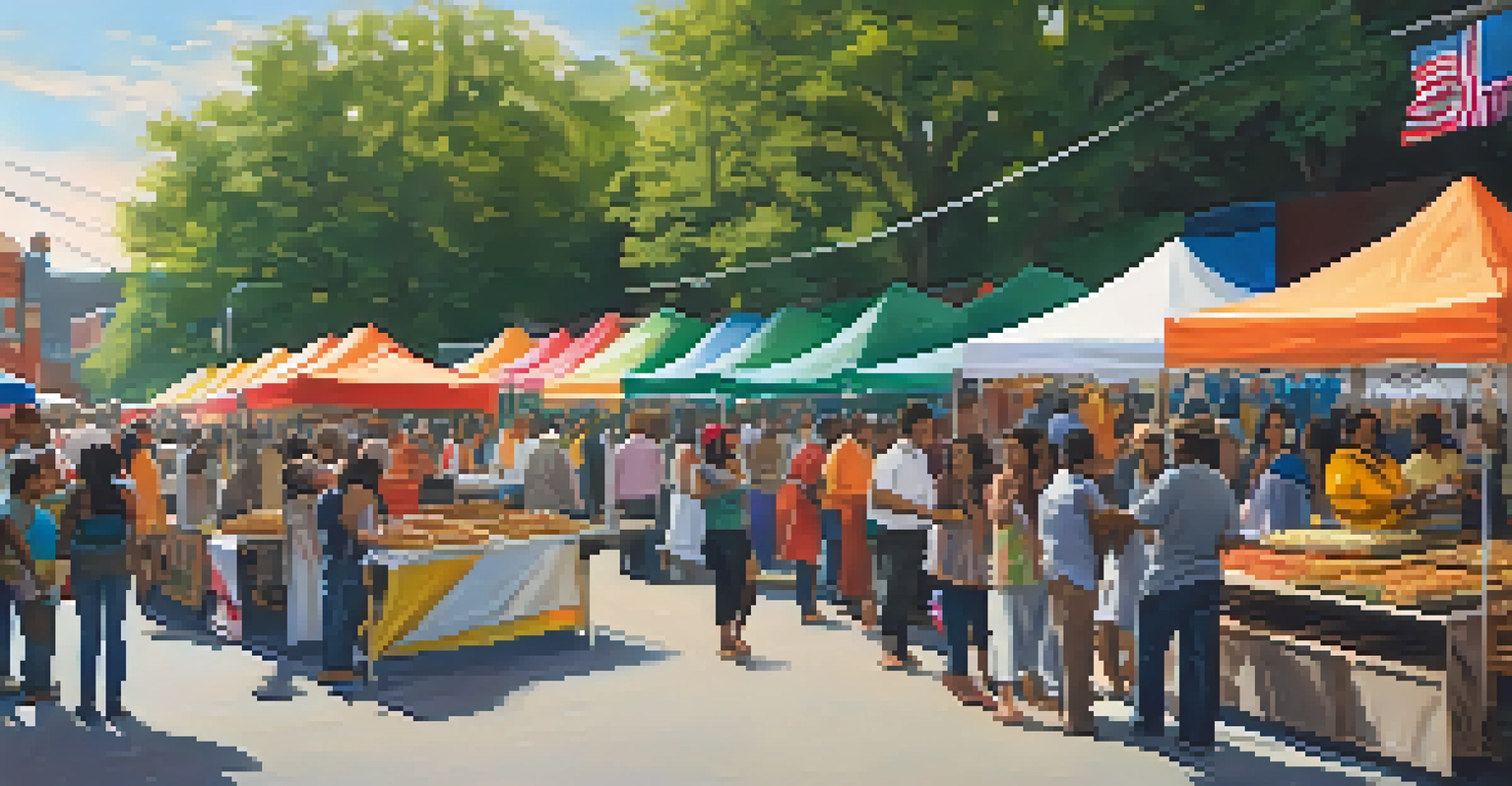 An outdoor festival in West Philadelphia with various food stalls, people enjoying food and music, and colorful decorations.