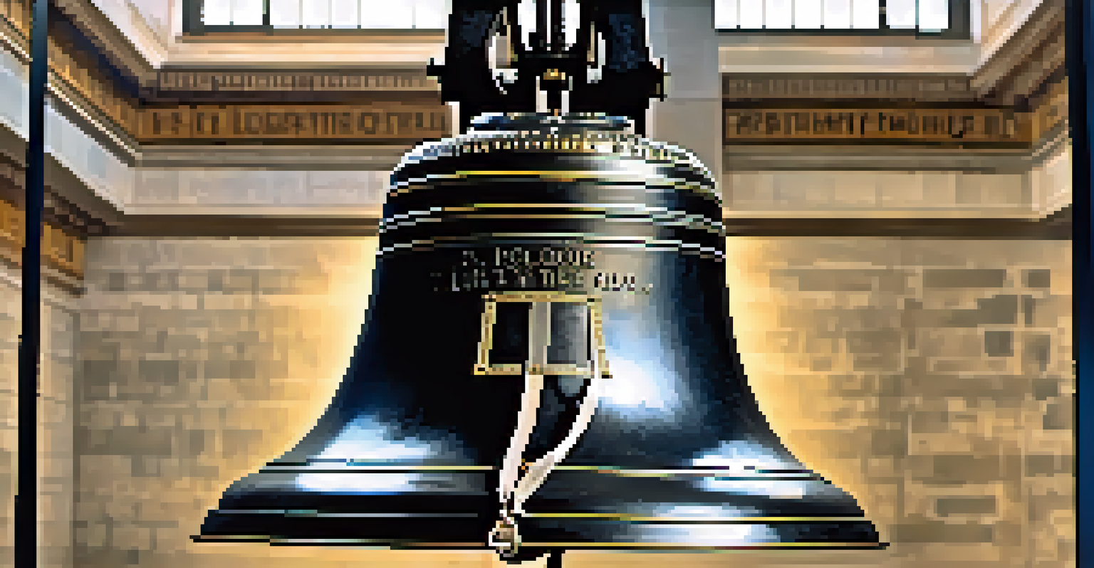Close-up of the Liberty Bell showing its crack and inscription in a softly lit exhibit area.