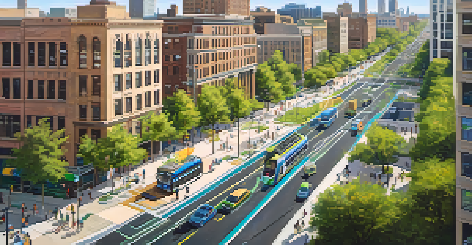 Aerial view of a Philadelphia urban landscape with bike lanes, pedestrians, and electric buses, showcasing a sustainable city environment.