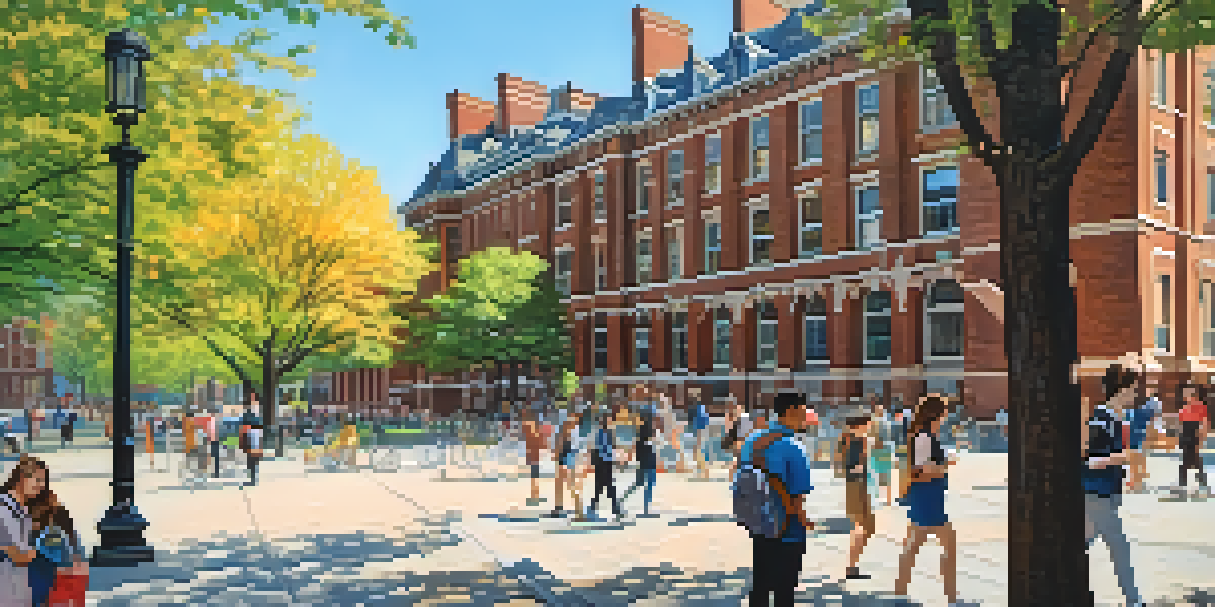 A lively campus at the University of Pennsylvania with students interacting and historic buildings in the background.