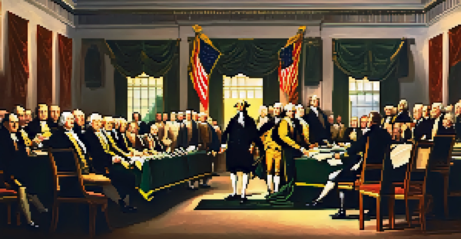 An artistic portrayal of George Washington leading the Constitutional Convention with delegates around him in a richly decorated room.