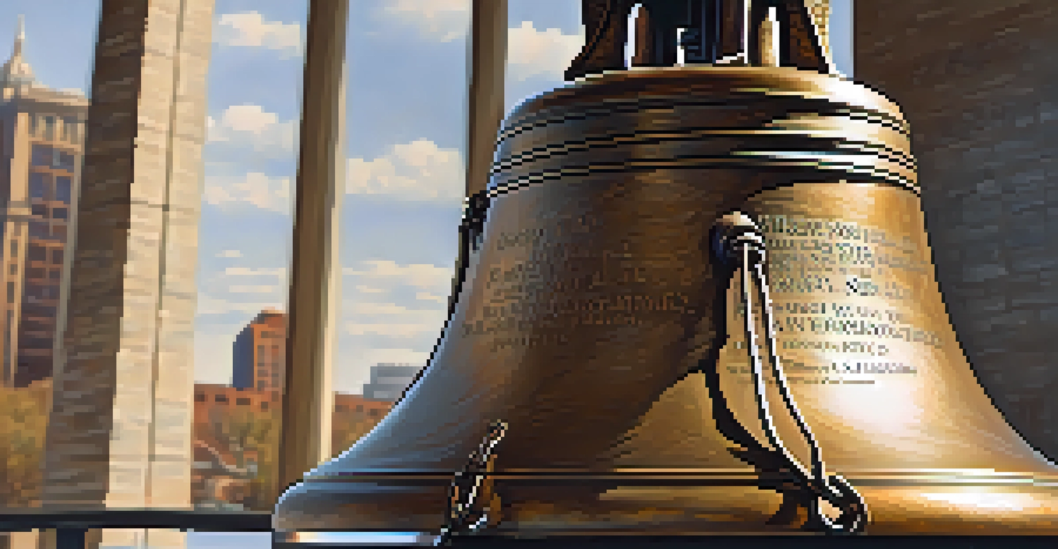 The Liberty Bell displayed in its center, focusing on its crack and inscription, with visitors admiring it in the background.