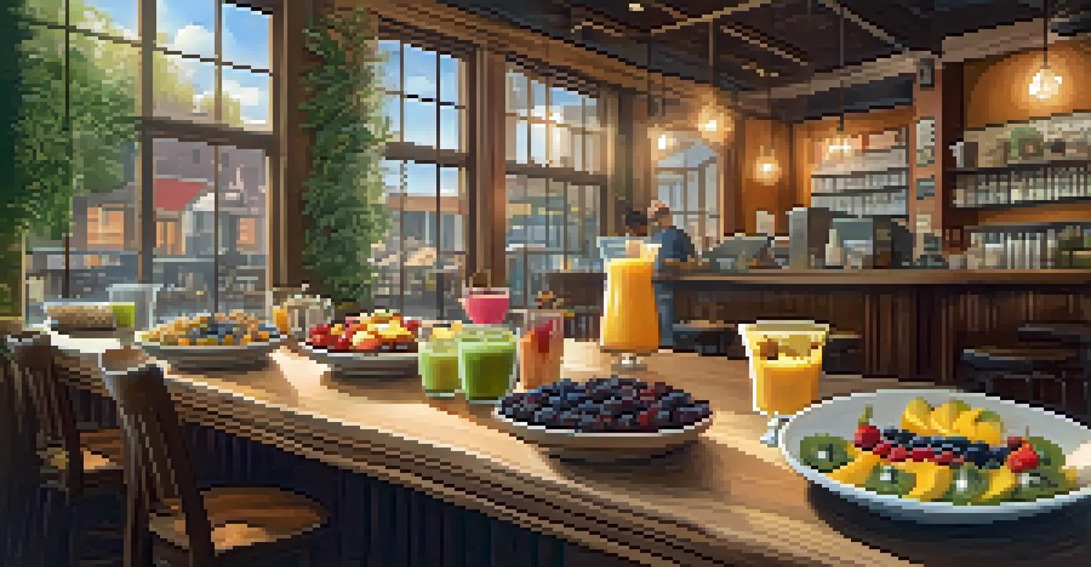 A cozy café table featuring a selection of colorful smoothie bowls topped with fresh fruits and nuts, all under warm lighting.