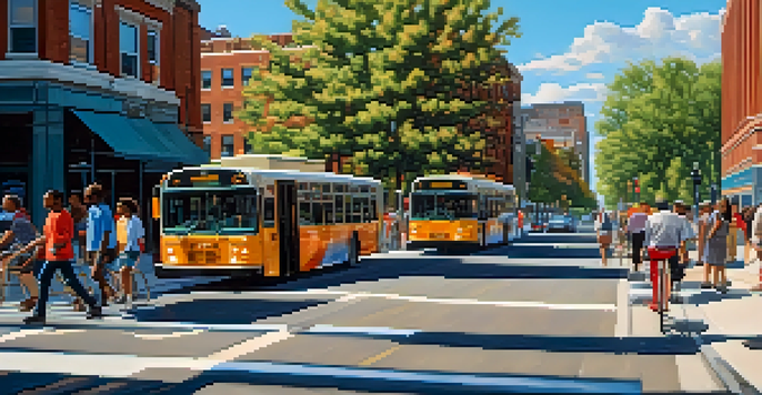 A lively Philadelphia street filled with people commuting by bus, bike, and on foot, surrounded by trees and modern buildings under a sunny sky.