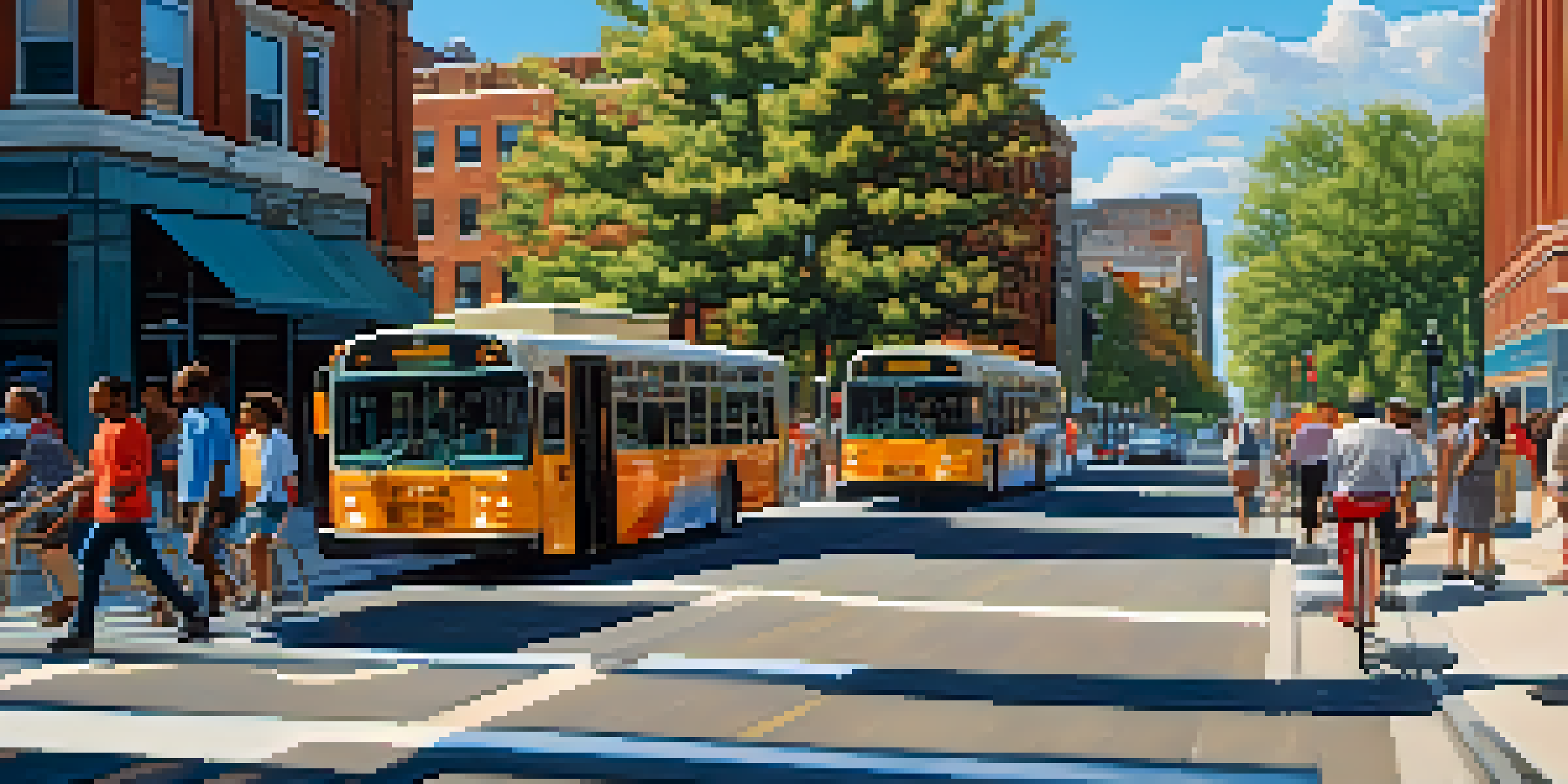 A lively Philadelphia street filled with people commuting by bus, bike, and on foot, surrounded by trees and modern buildings under a sunny sky.