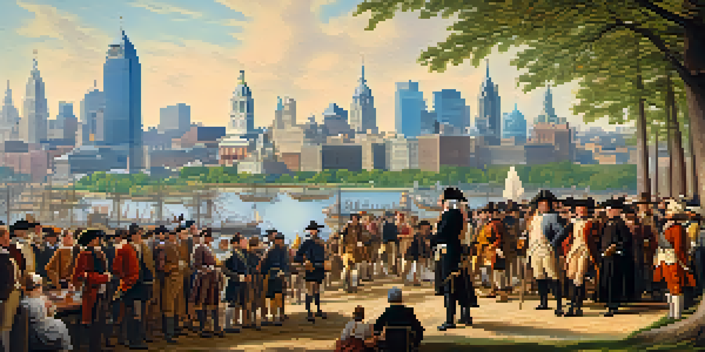 A historical scene showing William Penn in front of Philadelphia's skyline, with diverse groups of people discussing democracy under a sunny sky.