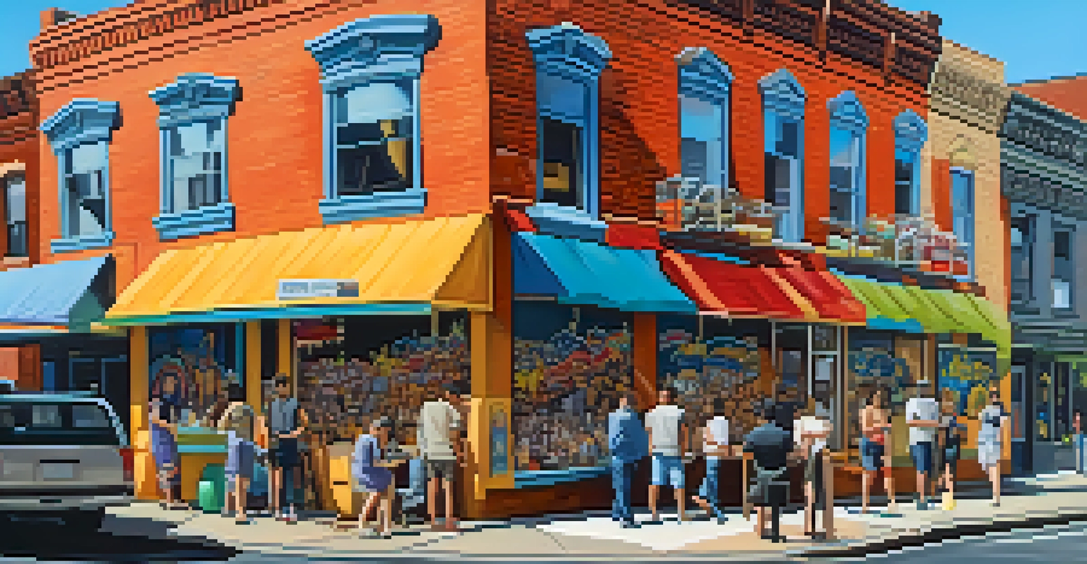 A lively street scene in Philadelphia's Northern Liberties, with people admiring vibrant murals and bustling cafes under a clear sky.