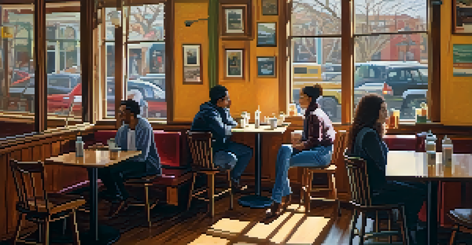 A warm café in West Philadelphia with local artwork, patrons enjoying their meals, and sunlight streaming through the windows.
