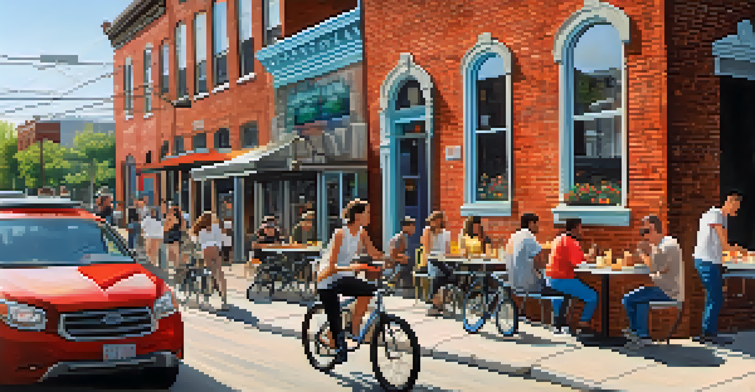 Lively street scene in Fishtown, Philadelphia, featuring a mural, outdoor dining, and a mix of old and new buildings.