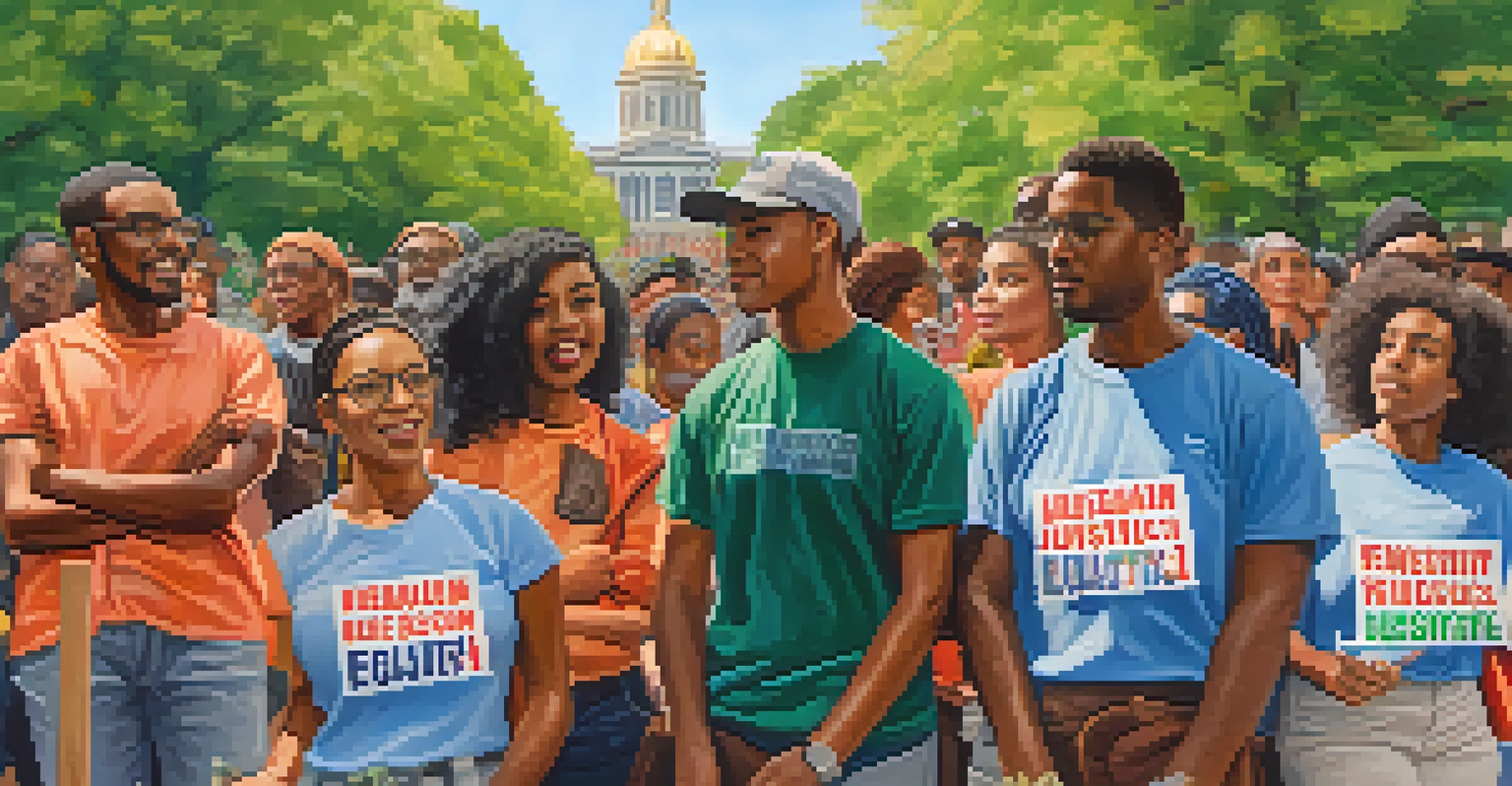 Diverse group of activists in a park with signs for social justice and equality.