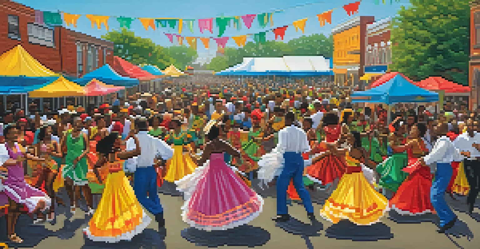 A lively festival scene with people in colorful Caribbean costumes dancing and enjoying food, celebrating Caribbean culture in Philadelphia.