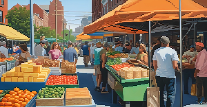 A lively street market in South Philadelphia featuring colorful stalls with fresh produce and baked goods, with people interacting with vendors.