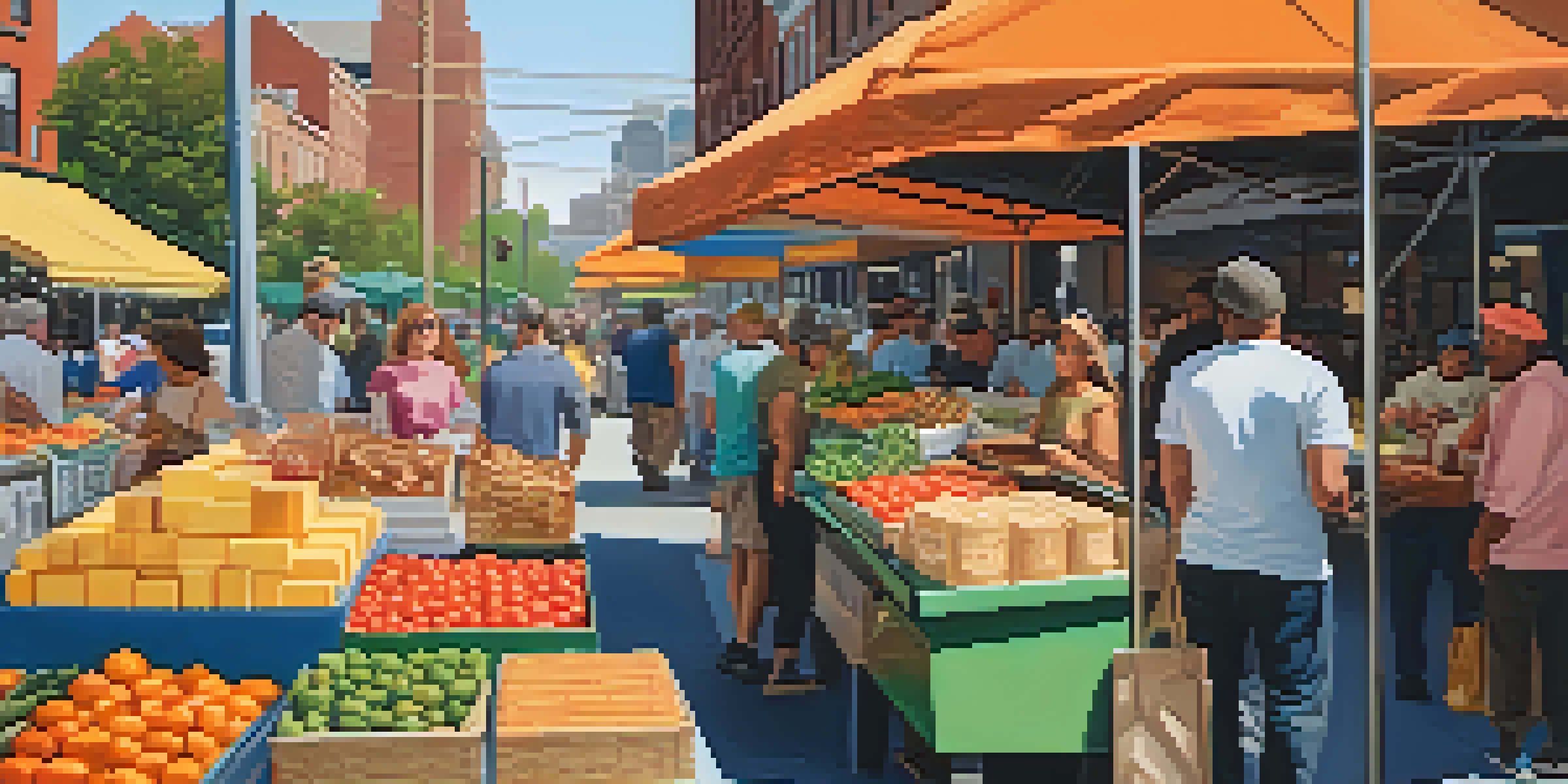 A lively street market in South Philadelphia featuring colorful stalls with fresh produce and baked goods, with people interacting with vendors.