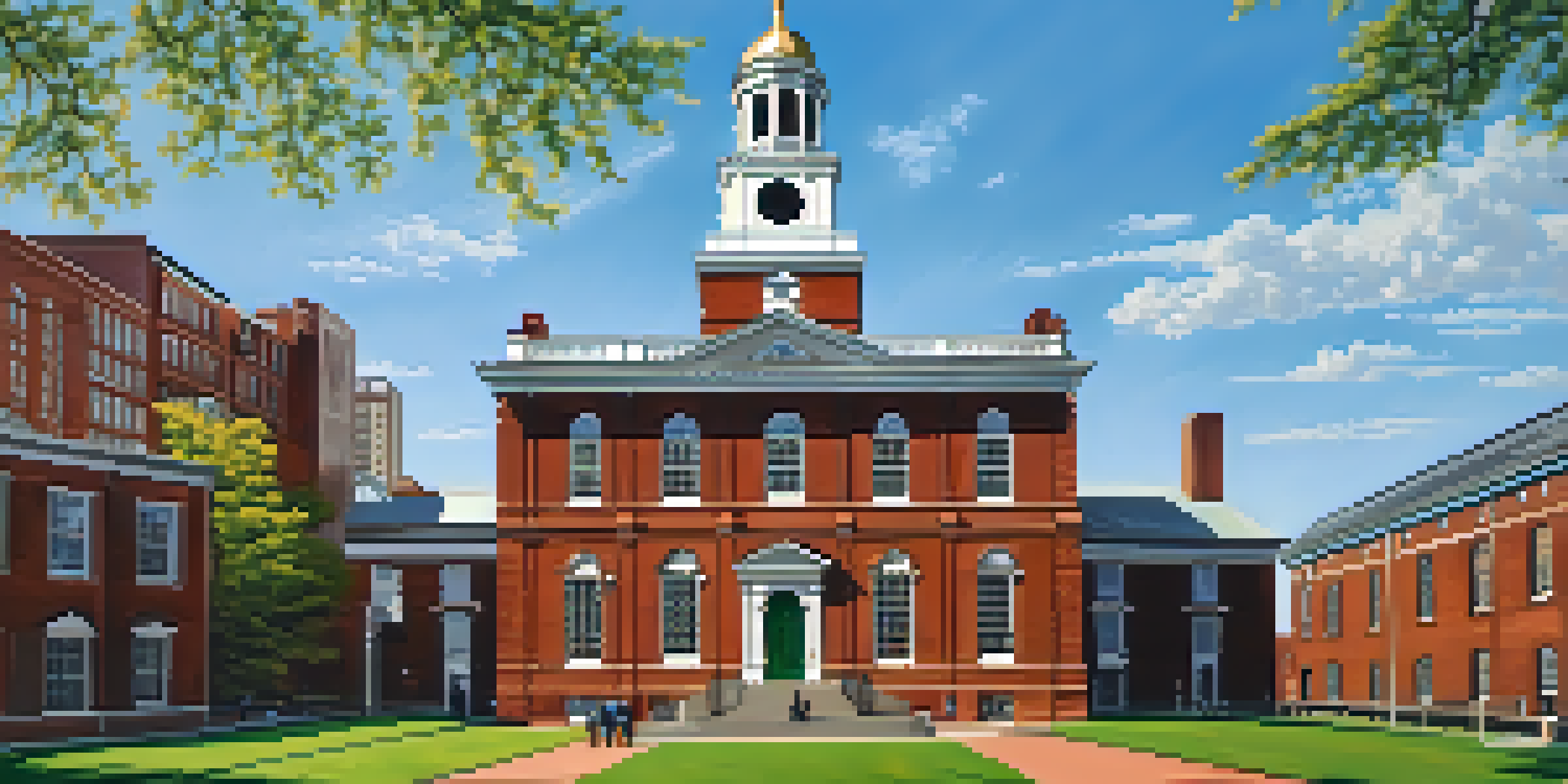 A view of Independence Hall in Philadelphia with people on a green lawn and a clear sky.