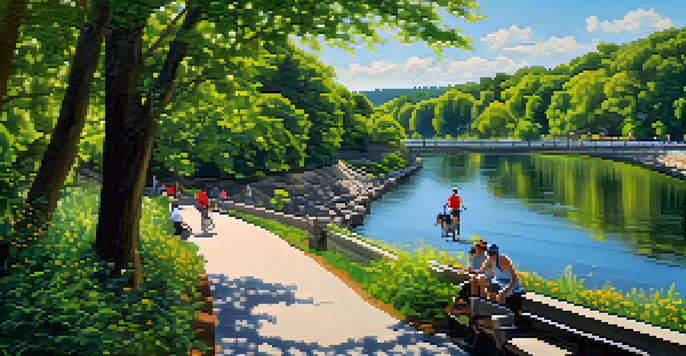 A sunny day at the Schuylkill River Trail with cyclists and walkers, surrounded by greenery and wildflowers.