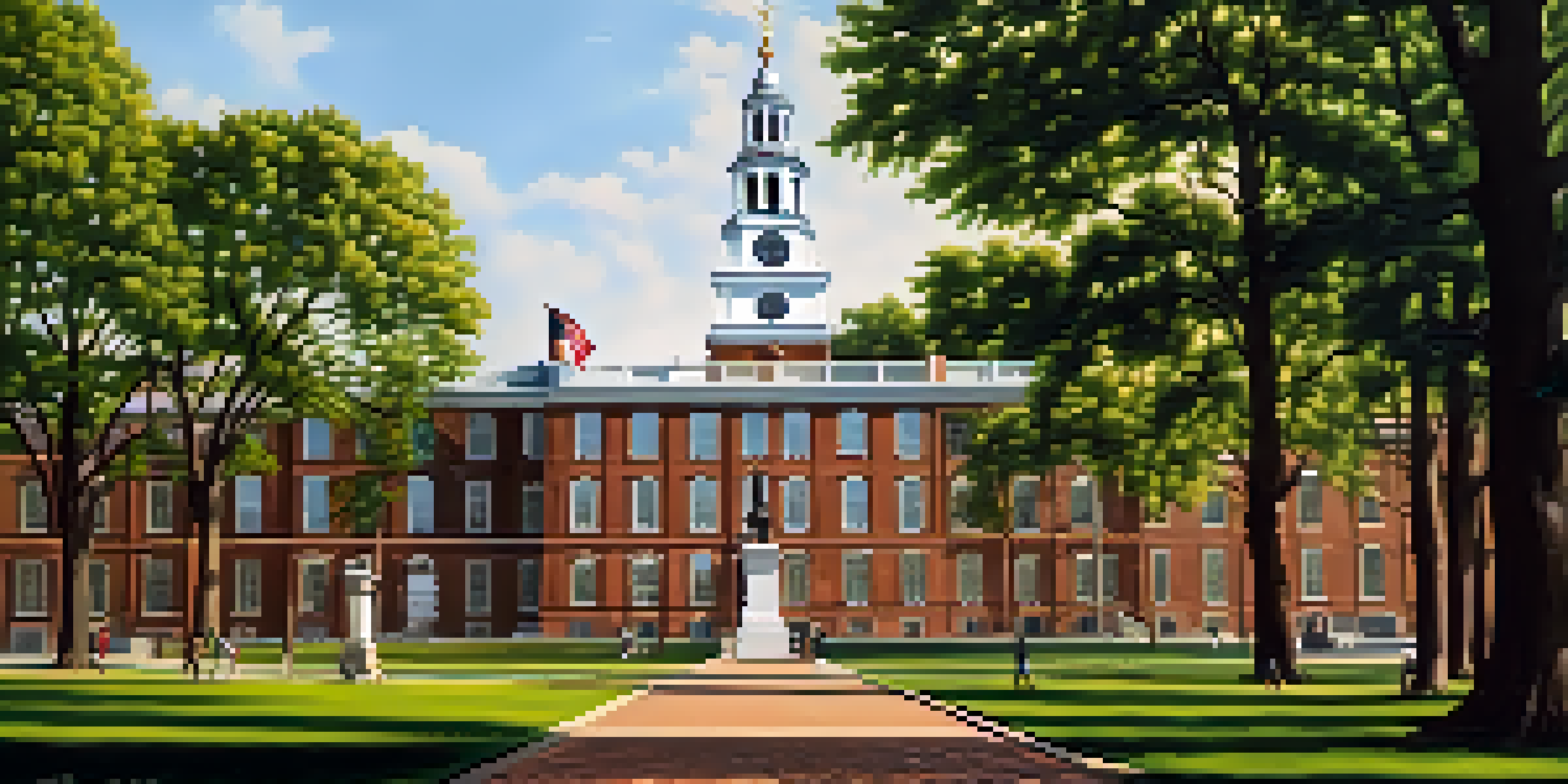 Historical depiction of Independence Hall in Philadelphia with people in period attire walking on cobblestone streets.