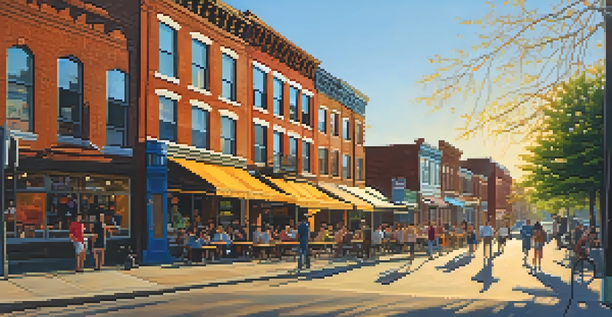 A lively urban street in Northern Liberties, featuring colorful murals, outdoor cafes, and a mix of historic and modern buildings under warm afternoon light.