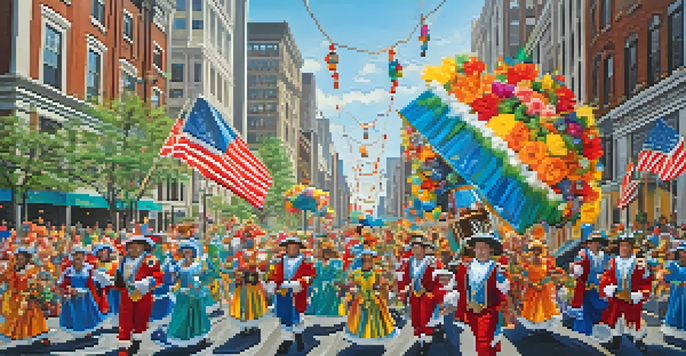 A lively parade scene featuring participants in colorful costumes and floats, celebrating the Mummers Parade in Philadelphia.