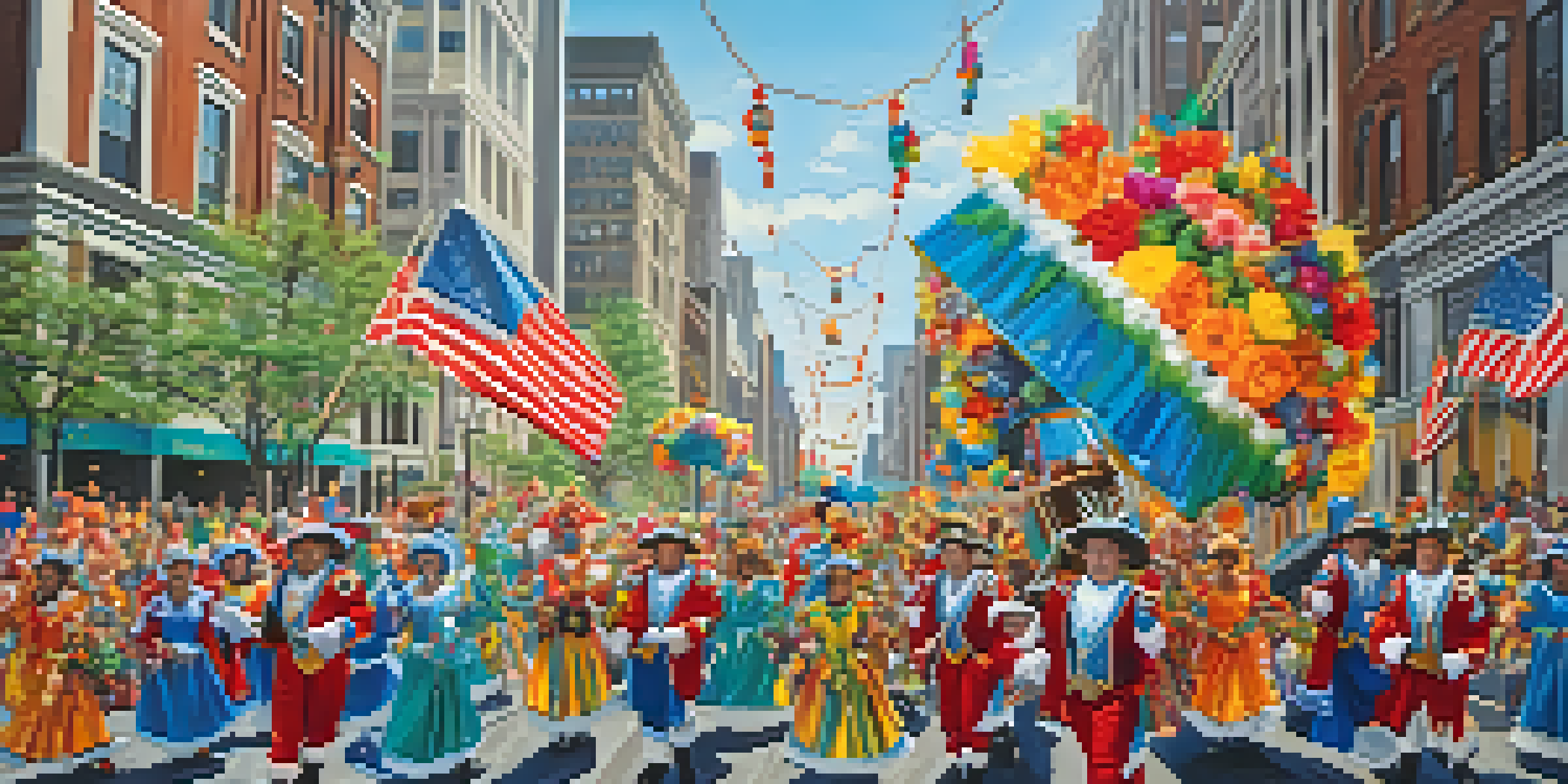 A lively parade scene featuring participants in colorful costumes and floats, celebrating the Mummers Parade in Philadelphia.