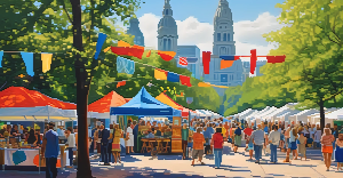 A lively outdoor festival scene with colorful artisan booths, musicians performing, and families enjoying the festival under sunny skies.
