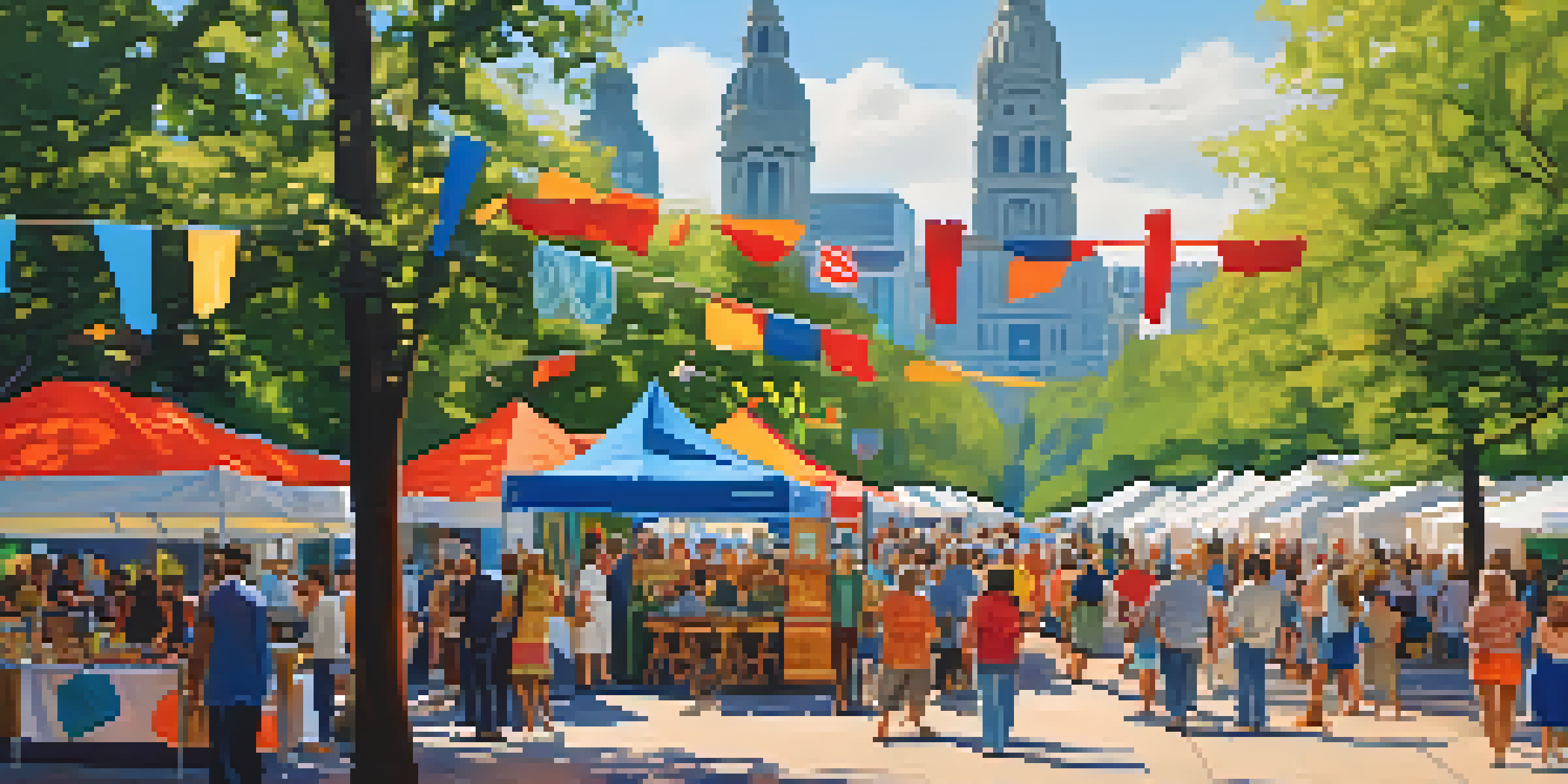A lively outdoor festival scene with colorful artisan booths, musicians performing, and families enjoying the festival under sunny skies.