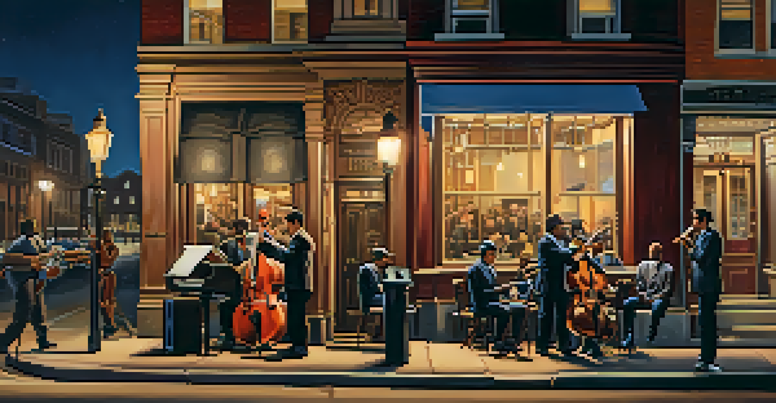 A lively street scene in Philadelphia featuring musicians performing jazz music under streetlights.