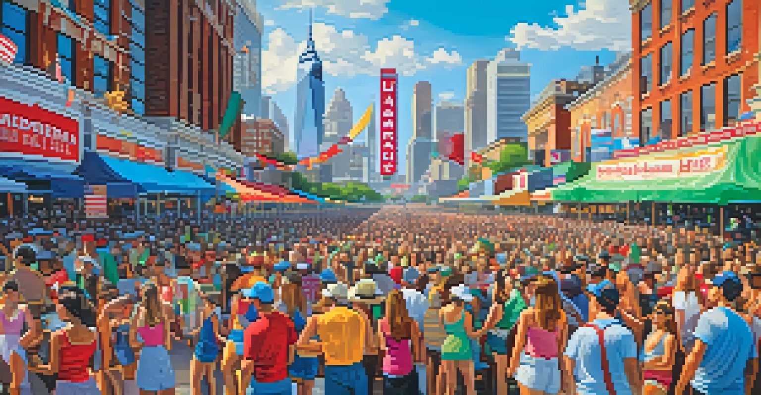 A lively crowd at the Made in America Festival in Philadelphia, enjoying performances with colorful banners and a skyline view in the background.