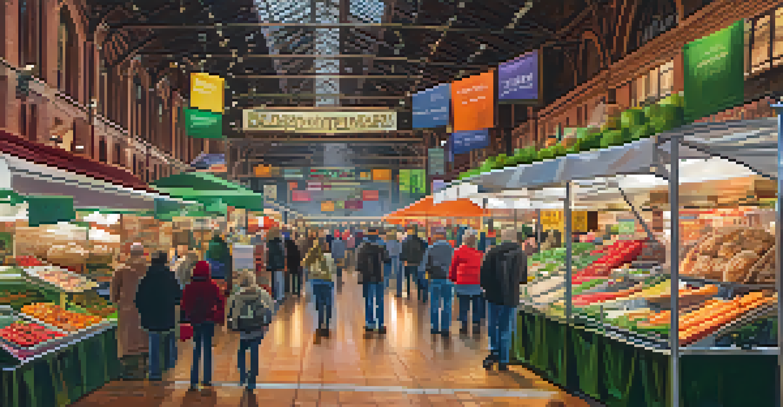 Interior view of Reading Terminal Market showcasing colorful food stalls and visitors.