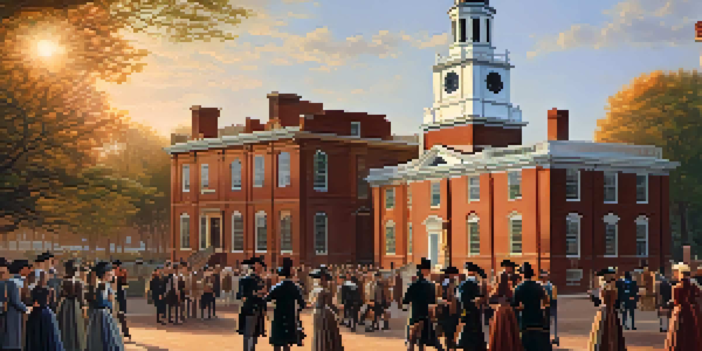 A historical view of Independence Hall in Philadelphia during sunset, with people in 18th-century clothing discussing in the foreground.