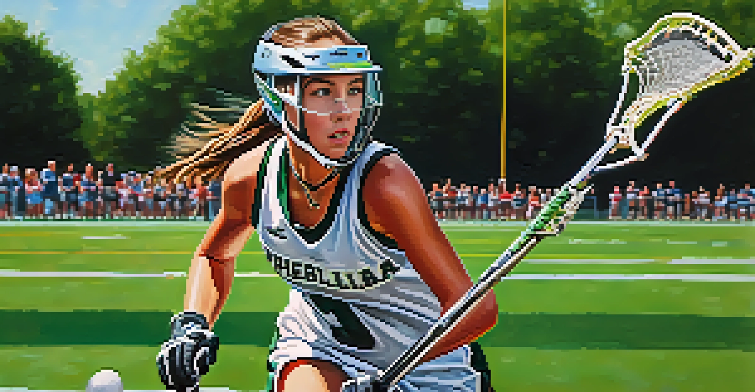 A young female lacrosse player in action, showcasing her skill and determination on the field with cheering fans in the background.