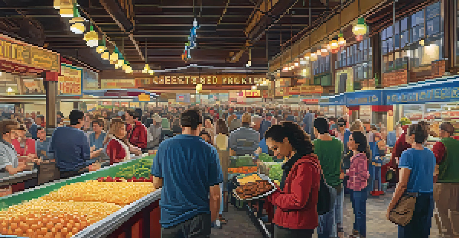 A vibrant scene inside Reading Terminal Market in Philadelphia, with food stalls and people enjoying various dishes.