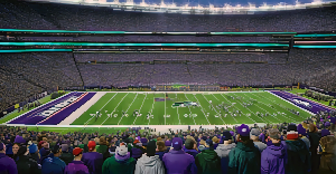 A lively football game scene at U.S. Bank Stadium with fans and players from the Eagles and Patriots.