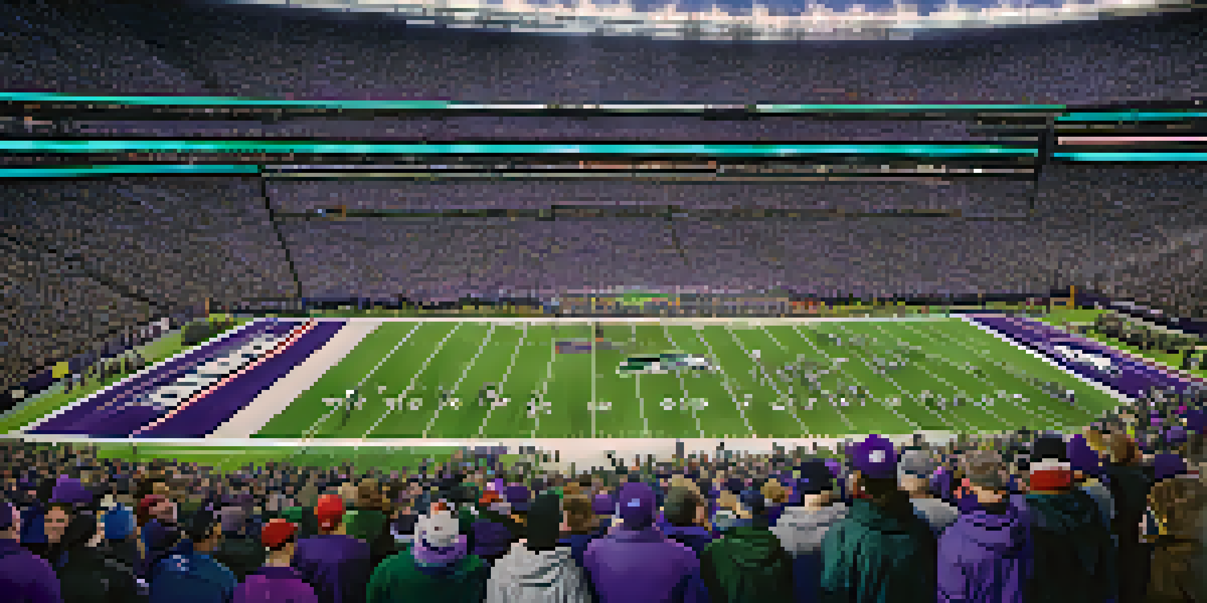 A lively football game scene at U.S. Bank Stadium with fans and players from the Eagles and Patriots.