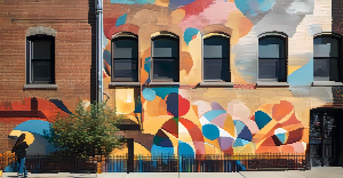 A colorful mural of a historical figure on a brick wall, illuminated by golden hour sunlight, with blooming flowers in the foreground.