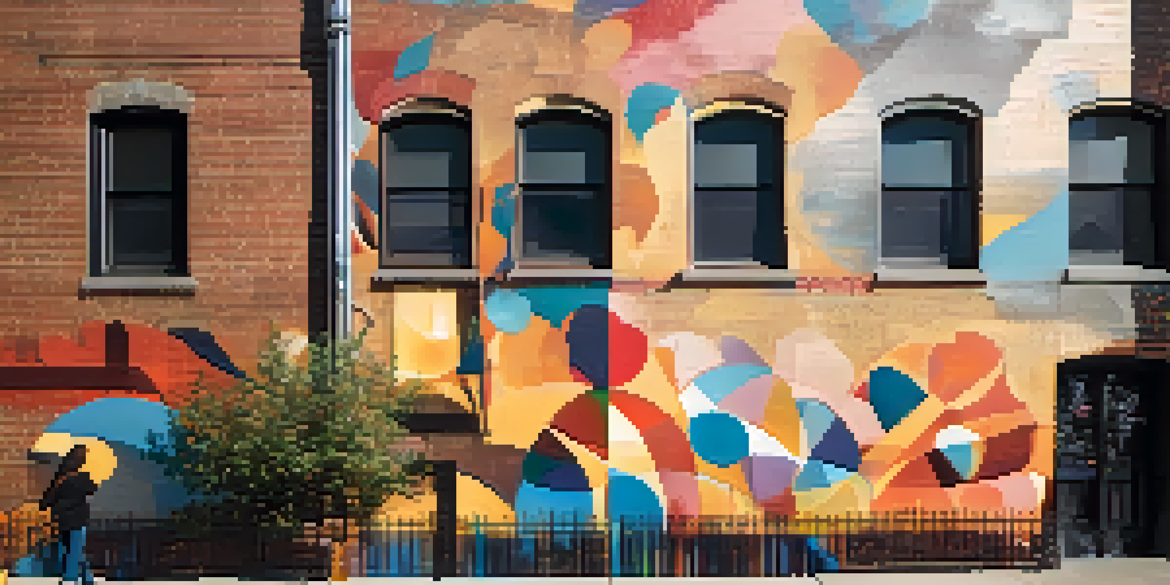 A colorful mural of a historical figure on a brick wall, illuminated by golden hour sunlight, with blooming flowers in the foreground.