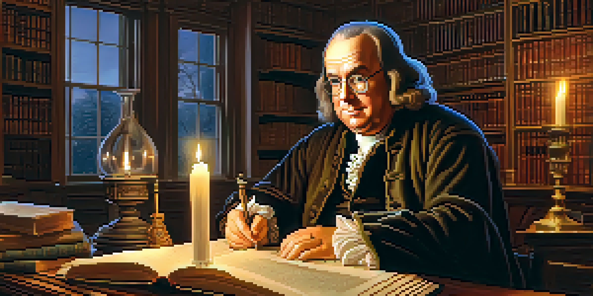 Benjamin Franklin working in a candlelit study filled with books and scientific tools.