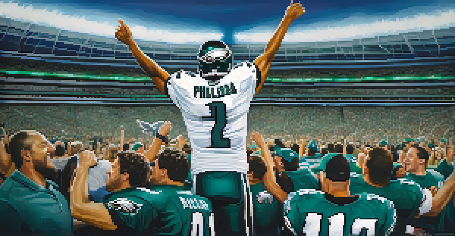 A passionate Philadelphia Eagles fan holding a sign in the stands, surrounded by excited supporters in green jerseys during a game.