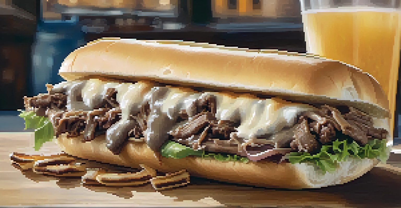 A close-up of a cheesesteak sandwich with sliced beef and melted cheese on a wooden table, accompanied by fries and dipping sauce.
