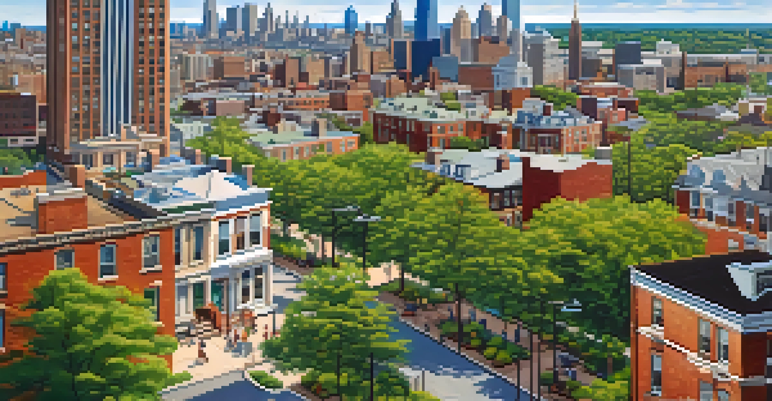 An aerial view of a lively Philadelphia neighborhood with residential buildings, parks, and the skyline in the background, depicting community interaction.