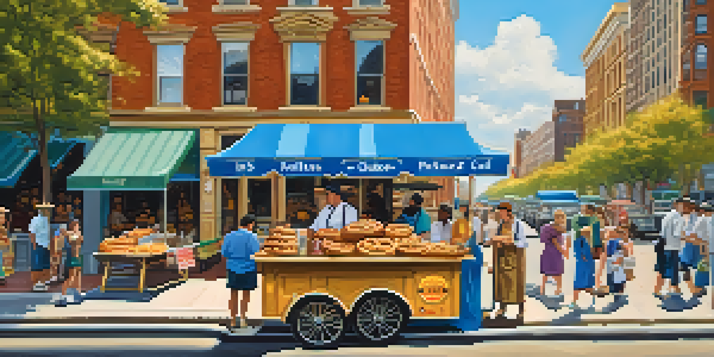 A street vendor in Philadelphia serving a soft pretzel to a customer, with historic buildings in the background.