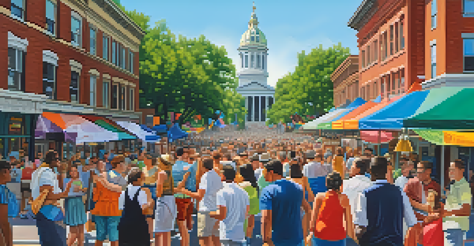 A lively street scene in Philadelphia with people gathered for a civic event, surrounded by historic buildings and colorful decorations.