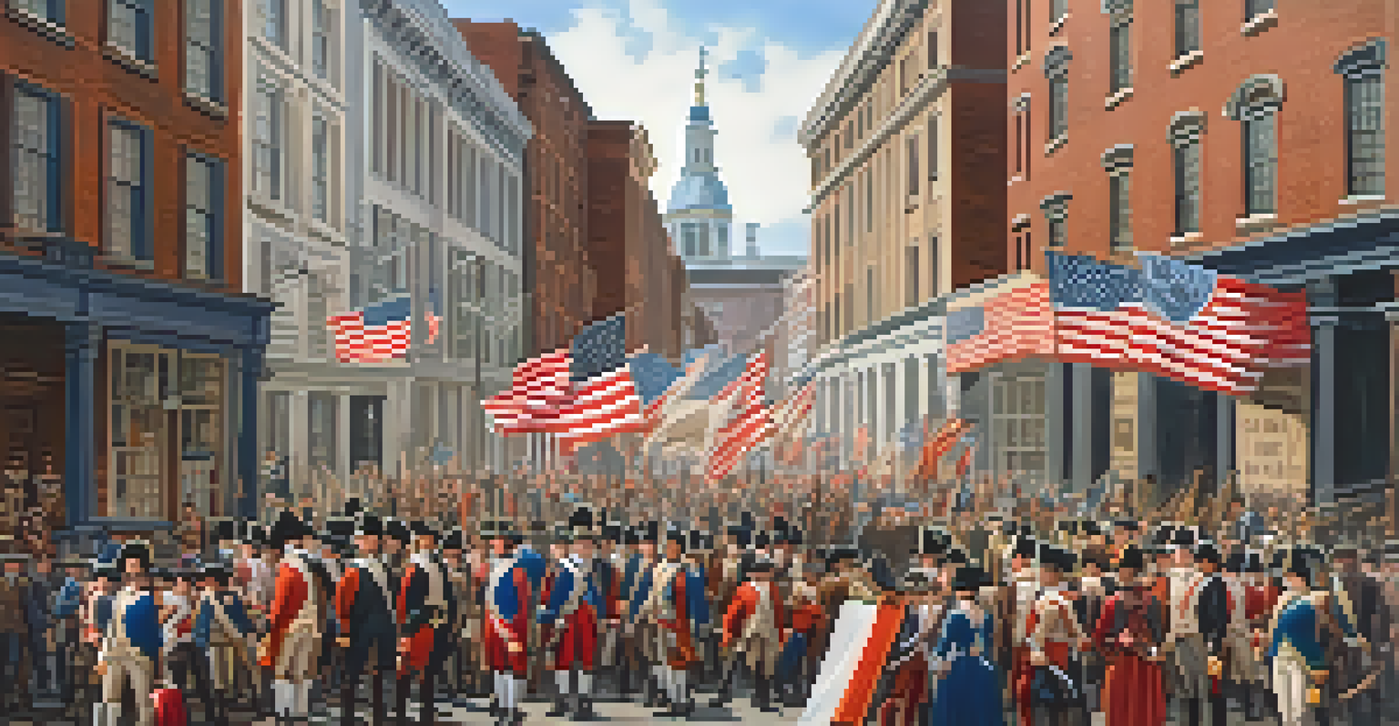 A lively street scene in Philadelphia with citizens protesting for independence, surrounded by colonial buildings and banners.