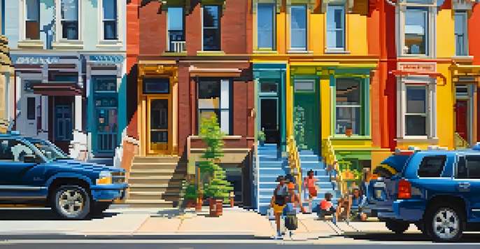A lively street in West Philadelphia with historic buildings and colorful murals, filled with diverse people and greenery.
