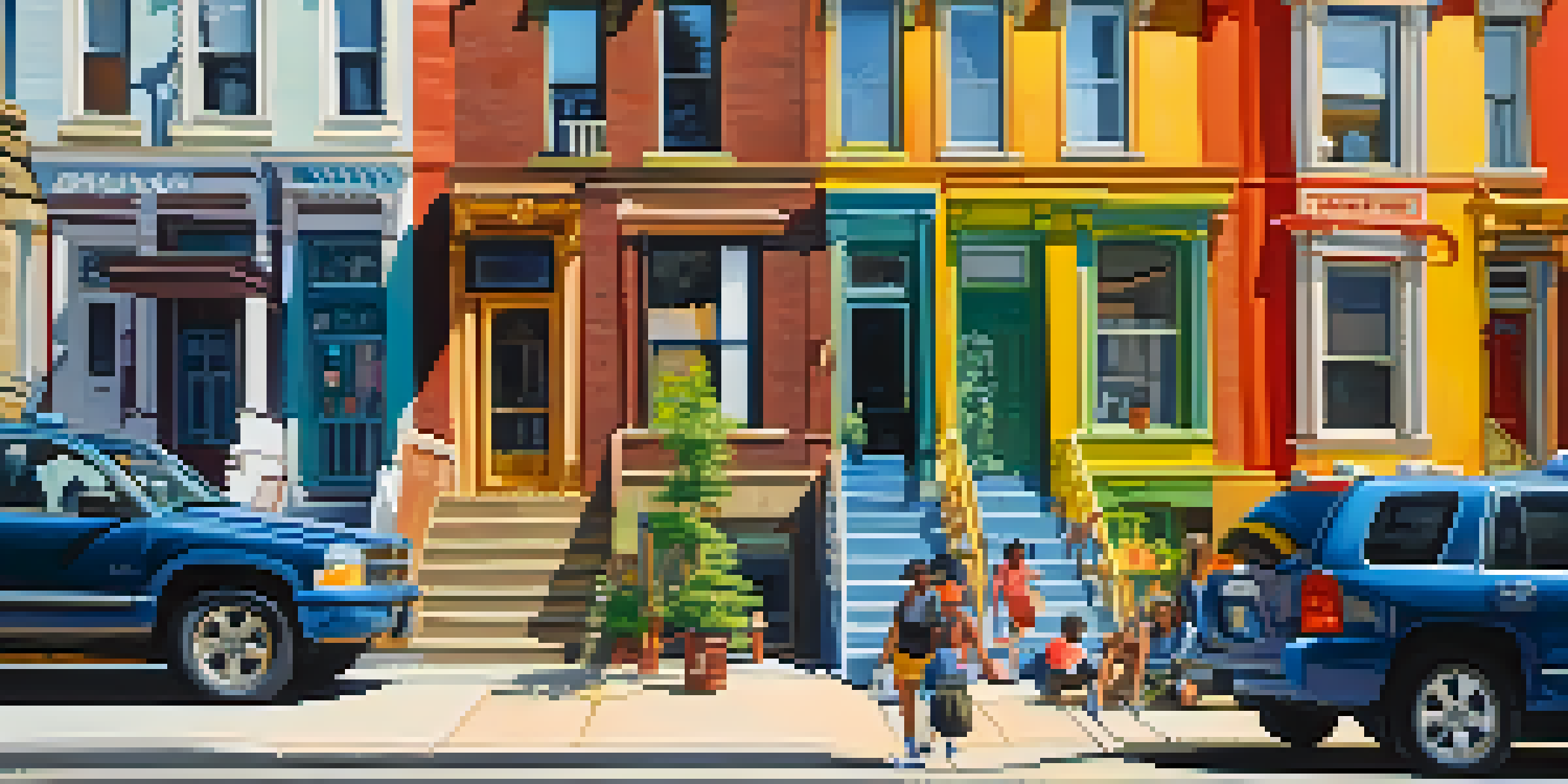 A lively street in West Philadelphia with historic buildings and colorful murals, filled with diverse people and greenery.