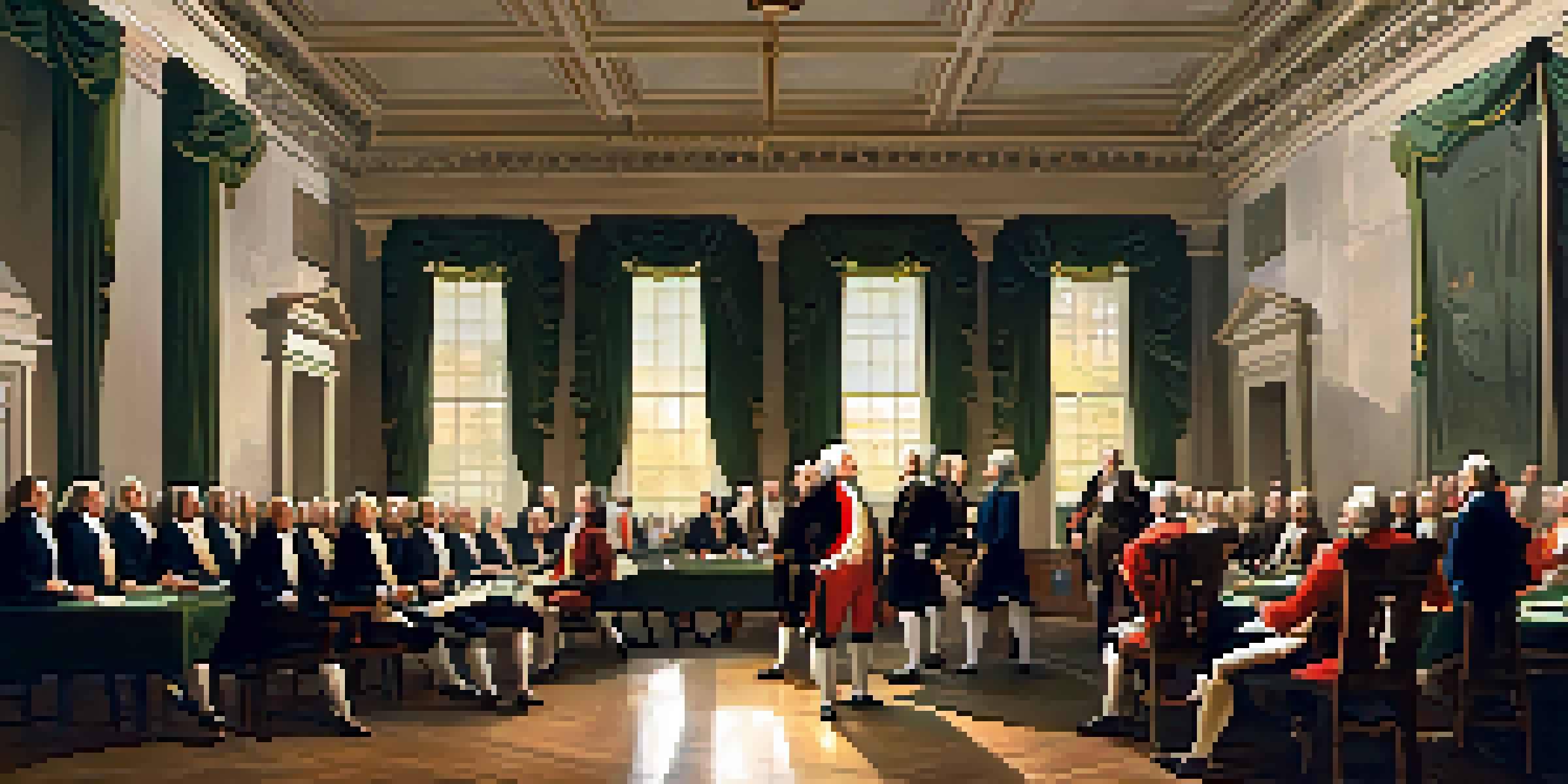 A historical depiction of the Constitutional Convention with delegates discussing in a grand hall filled with wooden furniture and maps.